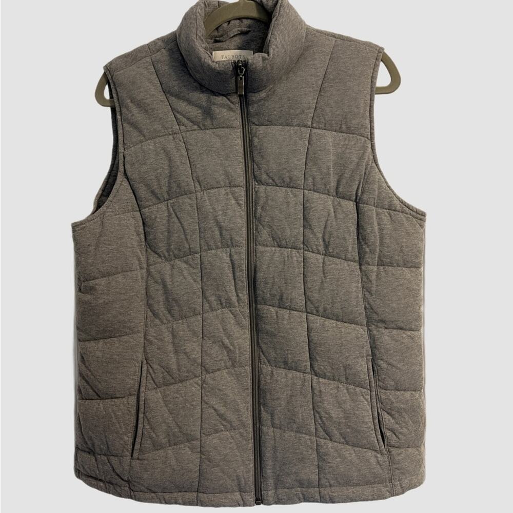 Talbots Gray Quilted Knit Puffer Vest Cotton Blend Front Pockets Size Medium